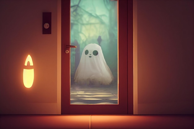 Adorable petit fantôme mignon attendant un tour ou une friandise devant une illustration 3d de porte