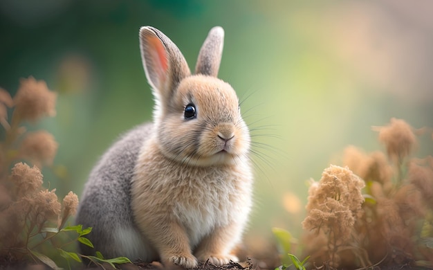 adorable petit lapin dans la cour flou