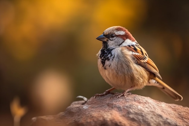 adorable petit moineau arboricole perché sur un rocher sur fond jaune flou AI générative