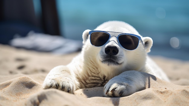 Adorable petit ours polaire en lunettes de soleil sur la plage