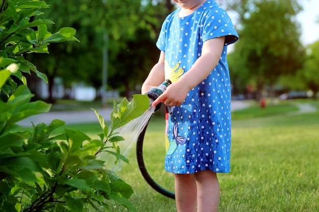 Adorable petite fille arrosant un arbre avec un tuyau d'arrosage lors d'une soirée d'été chaude et ensoleillée