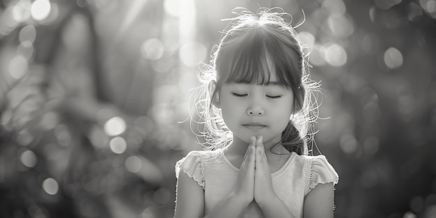 Photo une adorable petite fille asiatique priant dans le jardin spiritualité et religion