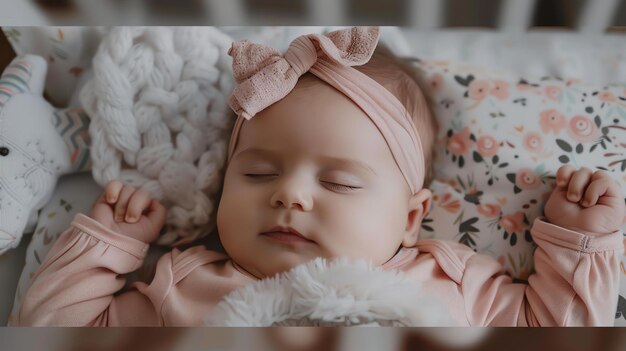 Une adorable petite fille endormie portant un bandeau rose est allongée sur une couverture florale