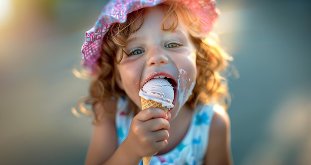 Une adorable petite fille mangeant de la crème glacée à l'extérieur un jour d'été ensoleillé