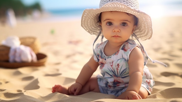 adorable petite fille sur la plage IA générative