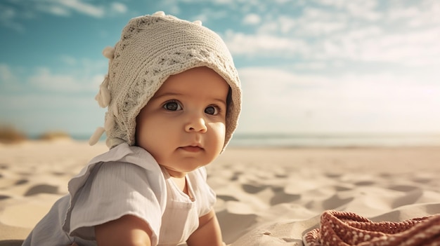 adorable petite fille sur la plage IA générative