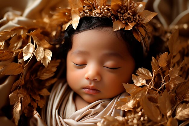 Une adorable petite fille qui dort entourée de fleurs.