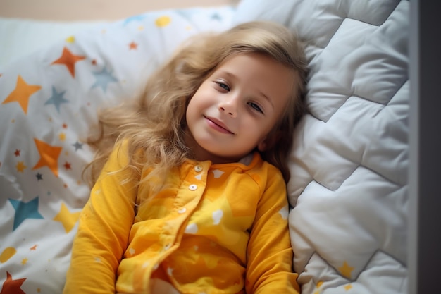 Une adorable petite fille qui dort avec un jouet dans son lit.