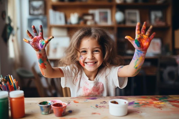 Une adorable petite fille à sa table à la maison avec ses mains colorées