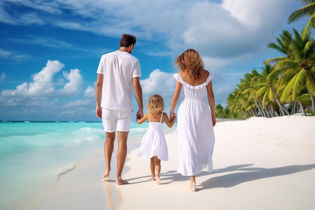 Une adorable petite fille avec ses parents sur la plage.