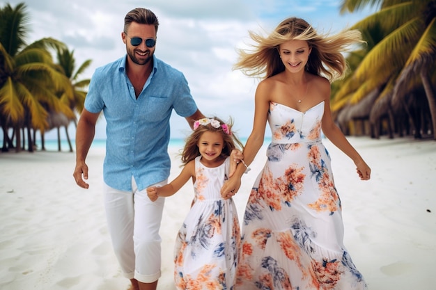 Une adorable petite fille avec ses parents sur la plage.