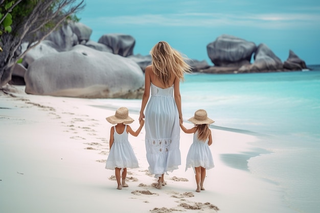 Une adorable petite fille avec ses parents sur la plage.