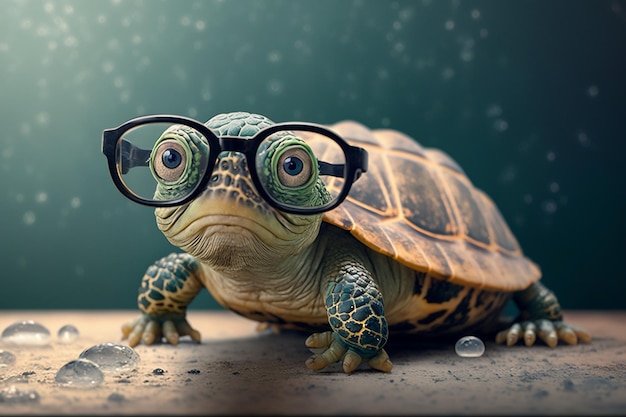 Adorable petite tortue verte portant des lunettes Generative AI