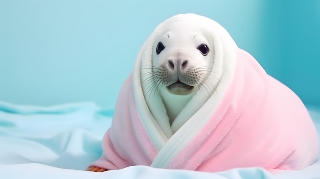 Adorable phoque avec une serviette enveloppée AI généré