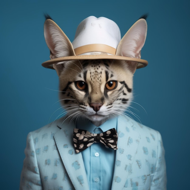 Adorable photo hyperréaliste d'un chat de la savane élégant en chapeau et en costume