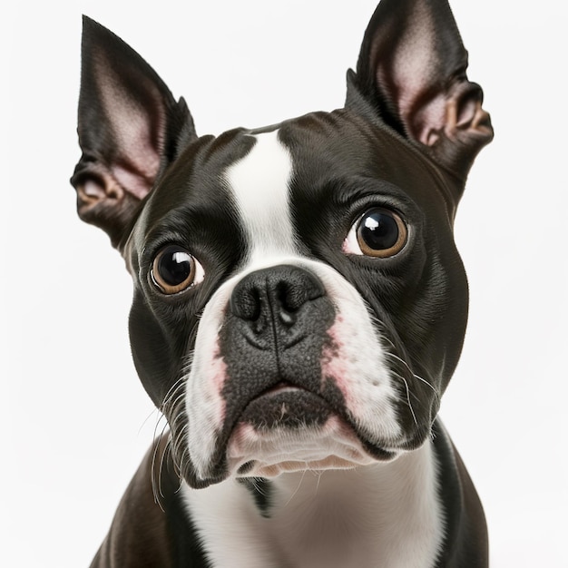 Adorable portrait de chien boston terrier isolé sur fond blanc comme concept d'animal domestique dans un ravissant hyper réaliste par Generative AI