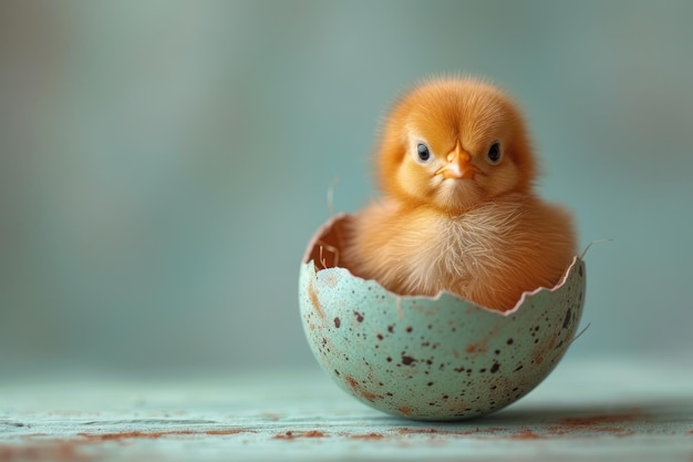 Un adorable poussin jaune perché dans la moitié d'une coquille d'œuf sur un fond bleu teal doux