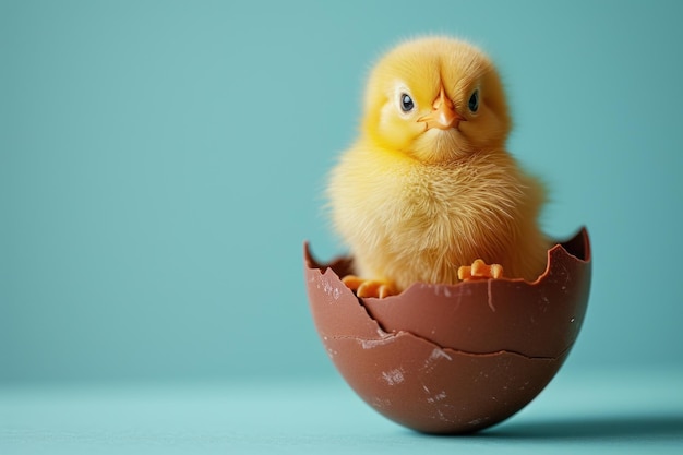 Un adorable poussin jaune perché dans la moitié d'une coquille d'œuf sur un fond bleu teal doux