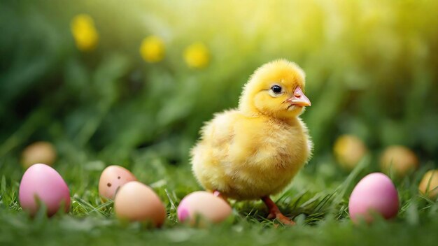 Un adorable poussin jaune se tient dans l'herbe verte vibrante dans un environnement naturel serein