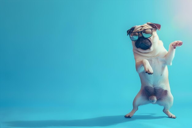 Adorable Pug Dog dans des lunettes sur un fond bleu