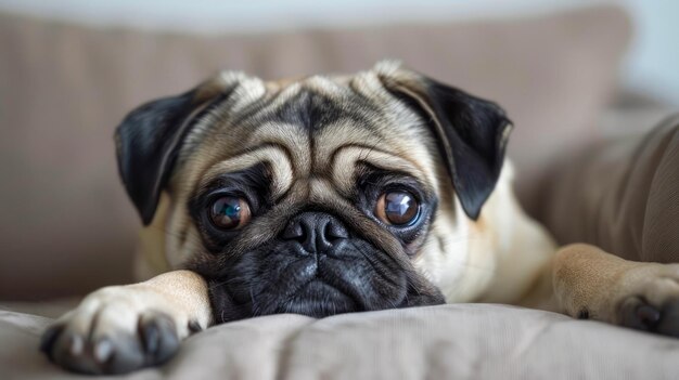 Adorable Pug Dog reposant sur le canapé avec des yeux soulés et une expression mignonne parfait pour les amateurs d'animaux de compagnie