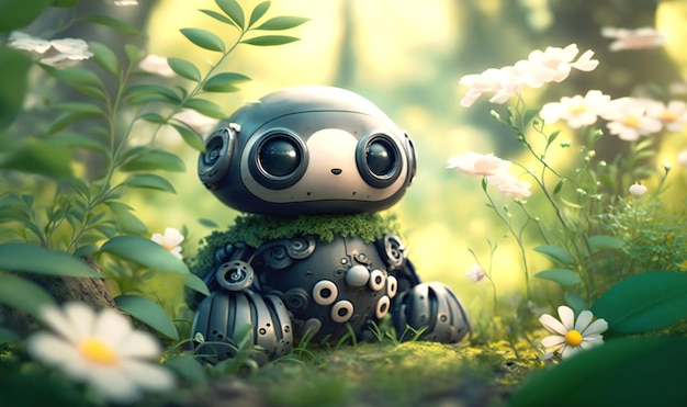 Un adorable robot endormi paisiblement dans la verdure luxuriante d'une forêt printanière en fleurs