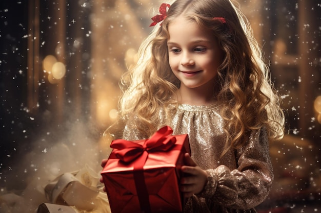 Adorable surprise de Noël mignonne petite fille tenant une boîte-cadeau