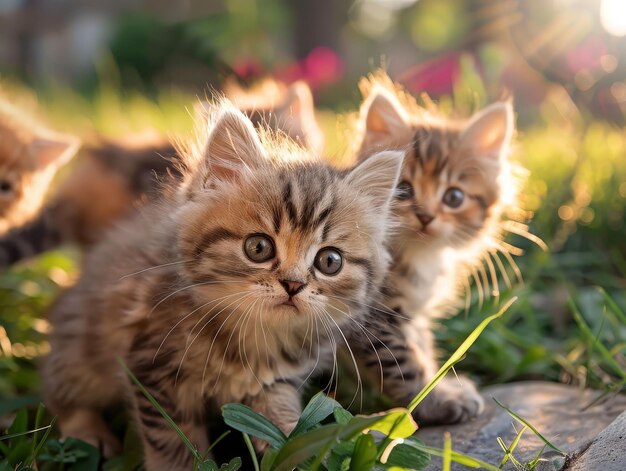 Adorables chatons moelleux avec de grands yeux expressifs jouant dans un jardin ensoleillé photographie réaliste capturant la chaleur de l'heure d'or et l'effet bokeh doux vue oiseau