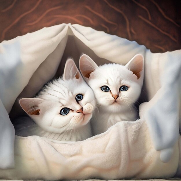 adorables chatons noirs blancs mignons blottis ensemble dans un fort de couverture confortable