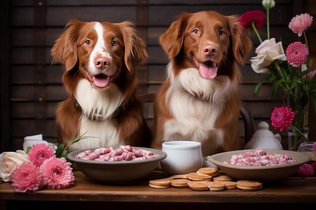 D'adorables chiens célèbrent la Saint-Valentin avec de mignons bouquets de fleurs et de délicieux biscuits