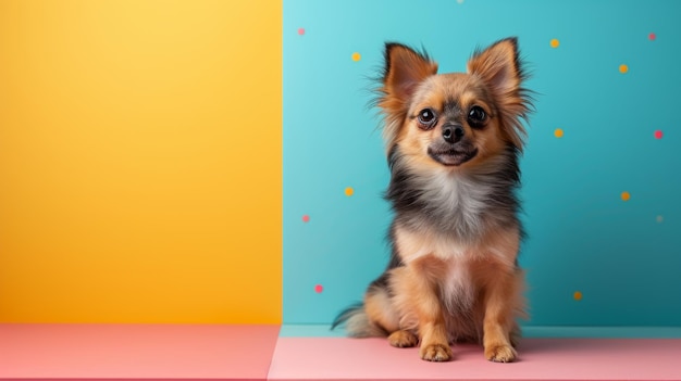 Adorables chiens moelleux sur un fond minimaliste avec des formes géométriques ludiques et des couleurs pastel