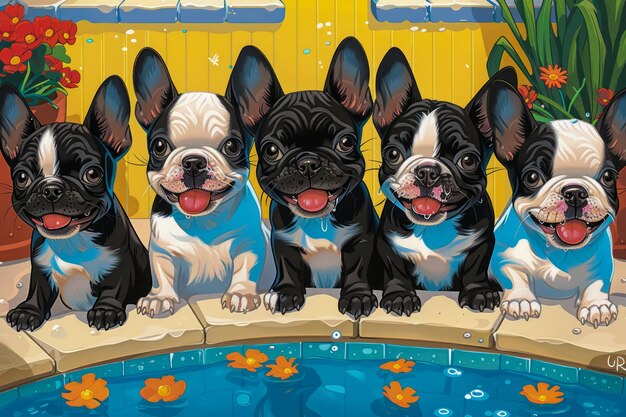 Adorables chiots de bulldog français portant des bandanas assis au bord de la piscine avec une cour arrière colorée