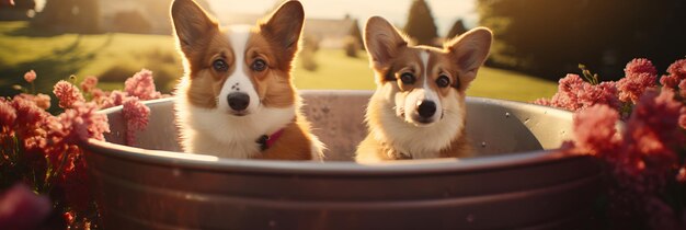 Adorables chiots de corgi gallois créant une atmosphère chaleureuse avec des tulipes vibrantes près d'une fenêtre ensoleillée