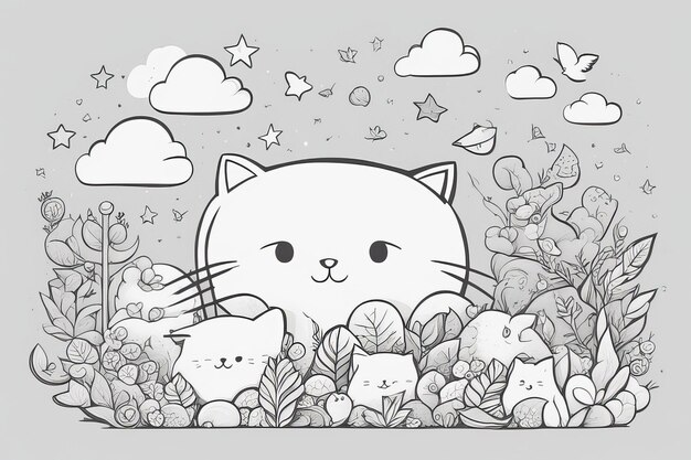 Adorables Doodles dessinés à la main avec des éléments d'animaux mignons et un arc-en-ciel ludique