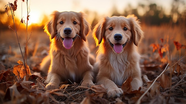 Des adorables golden retrievers, deux d'entre eux.