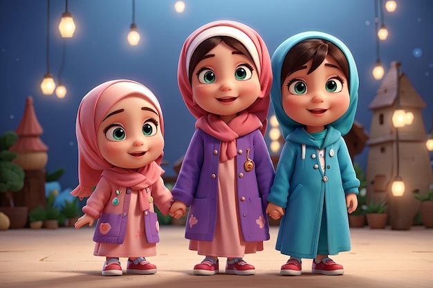 adorables et mignons enfants musulmans personnage de dessin animé rendu 3D