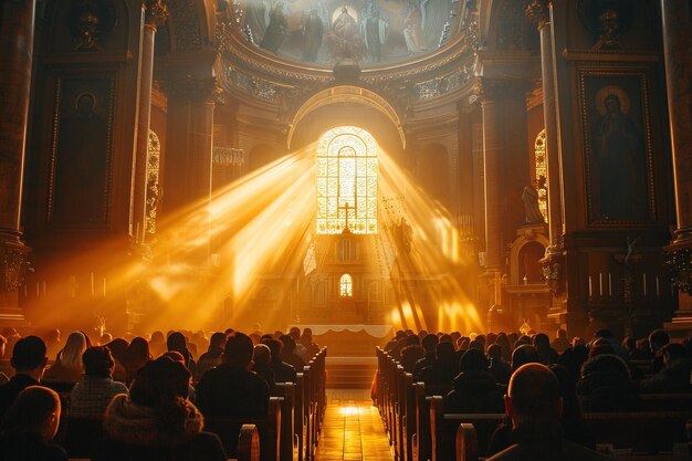 Les adorateurs de l'illumination divine dans le sanctuaire éclairé par le soleil