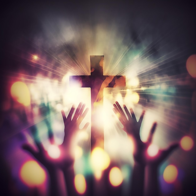 adorer le concept de dieu humain levant les mains sur la croix floue