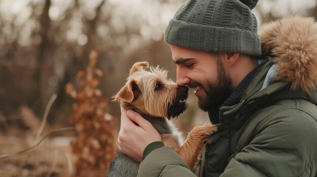 Adulte homme élégant jouant avec un animal de compagnie Famille en plein air Amant d'animaux Chien heureux jouissant de la liberté Terrier chiot de reproduction s'amuser avec le propriétaire Fourré canin fou entraînement dans la nature Amis ensemble