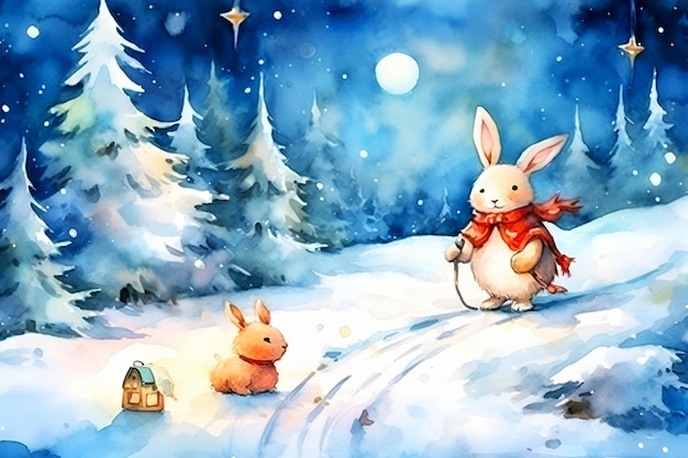 Un adulte et un petit lièvre se promènent dans une fabuleuse forêt enneigée Joyeux Noël Illustration à l'aquarelle