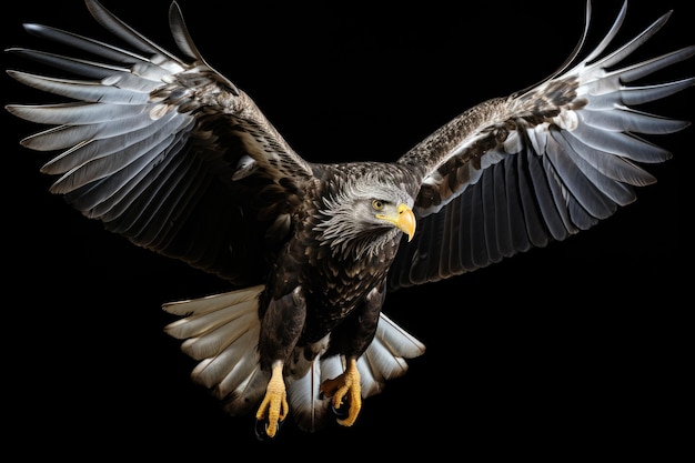 Adulte en vol L'aigle a des plumes blanches qui contrastent nettement avec un fond blanc vierge