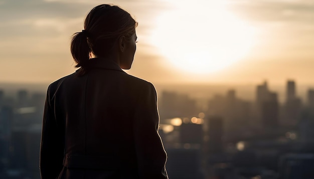 Adultes debout dans un paysage urbain rétroéclairé par le coucher du soleil généré par l'IA