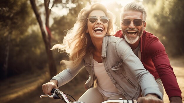 Des adultes heureux, un couple joyeux, apprécient les activités de loisirs en plein air, font du vélo ensemble, l'homme porte la femme et rient beaucoup dans l'amitié et la relation.