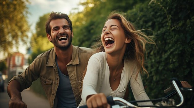 Des adultes heureux, un couple joyeux, profitent de l'activité de loisirs en plein air, faisant du vélo ensemble, un homme portant une femme et rient beaucoup en amitié et en relation, un couple charmant