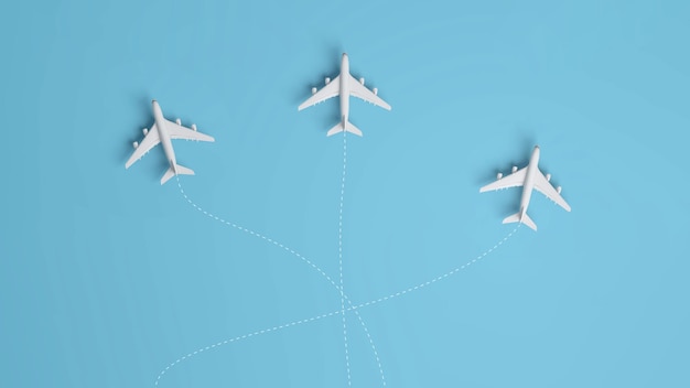 Aéronefs voyageant vers différentes destinations sur fond bleu et sentier