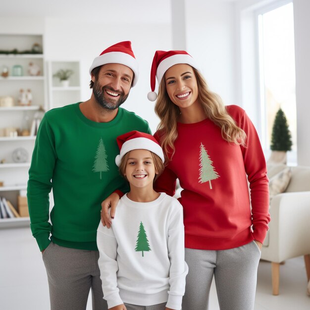 Photo affaire familiale festive trio de crewneck vibrant dans des chapeaux de père noël rayonnant de joie contre un dos blanc et croustillant