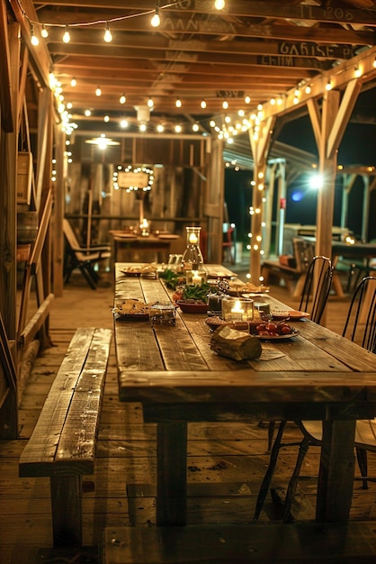 Affaire de grange rustique Grange pittoresque table commune avec la récolte des fermiers Les invités apprécient la ferme