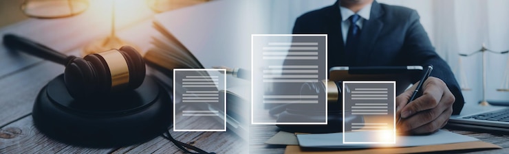 Photo affaires et avocats discutant des documents contractuels avec une échelle en laiton sur le bureau au bureau