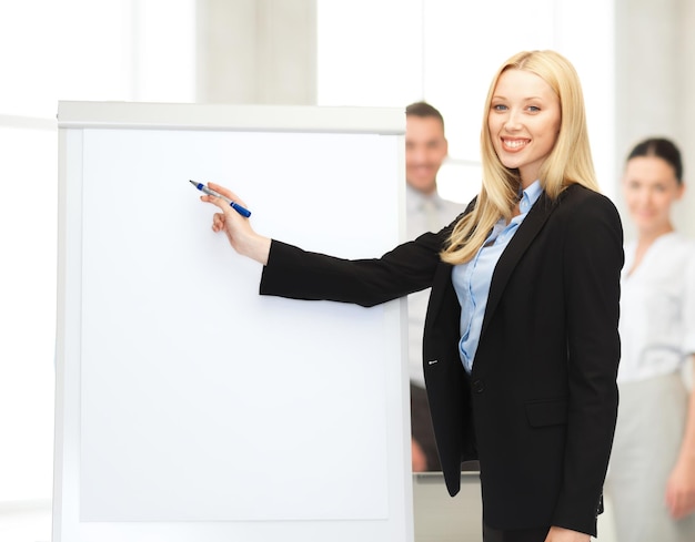 affaires, réunion et éducation - femme d'affaires avec tableau à feuilles mobiles au bureau