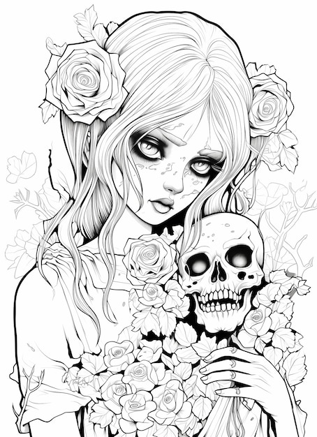 Photo affection éternelle manga classique à colorier page d'un zombie qui attend avec des fleurs